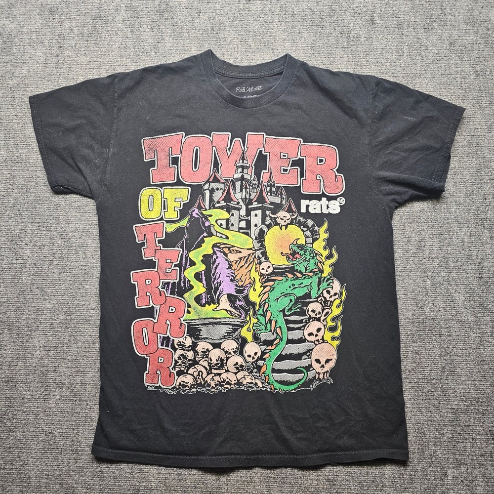 Rats Get Fat Tower of Terror Graphic T-Shirt Mens Large Black Short Sleeve Skull